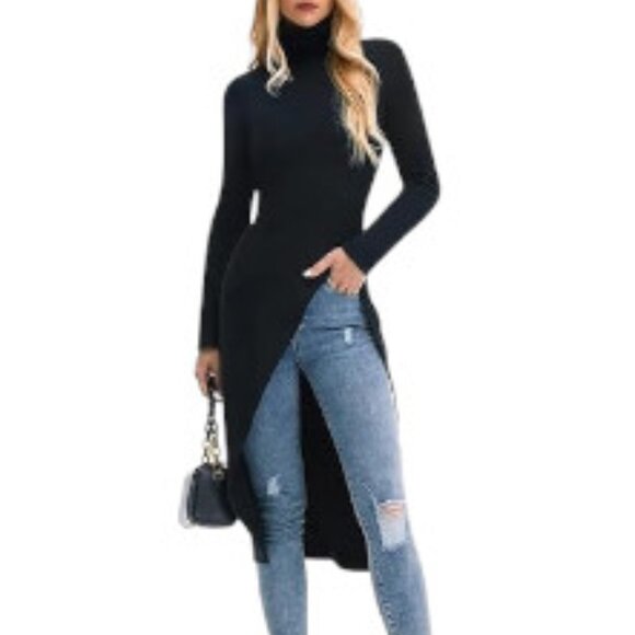 Cloud & Moon Chic Sexy Slim Fit Turtleneck Split High Black Duster Top - Picture 2 of 9